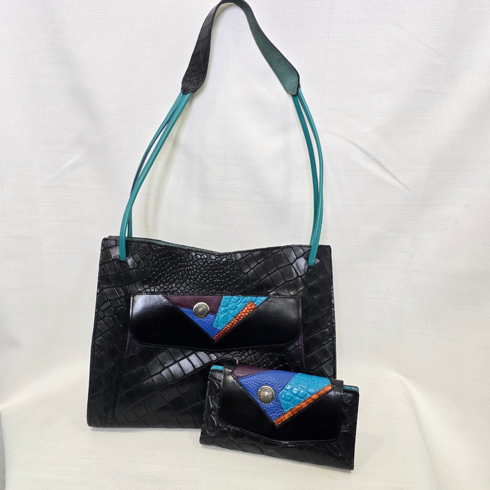 James Culver Vintage Leather Purse & Matching Wallet Set Patchwork Croc Black